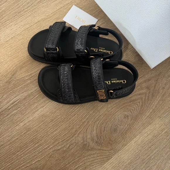 Authentic! Dior Dioract Woven Raffia Sandals - Black - Picture 3 of 11
